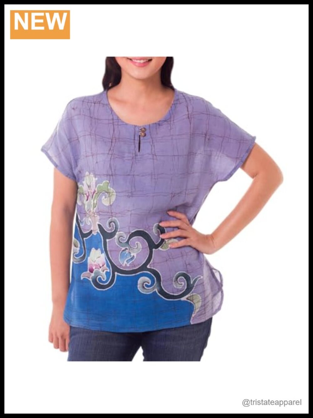 Handmade Cotton Batik Blouse Floral Sheer Top Keyhole Neck Short Sleeve Womens